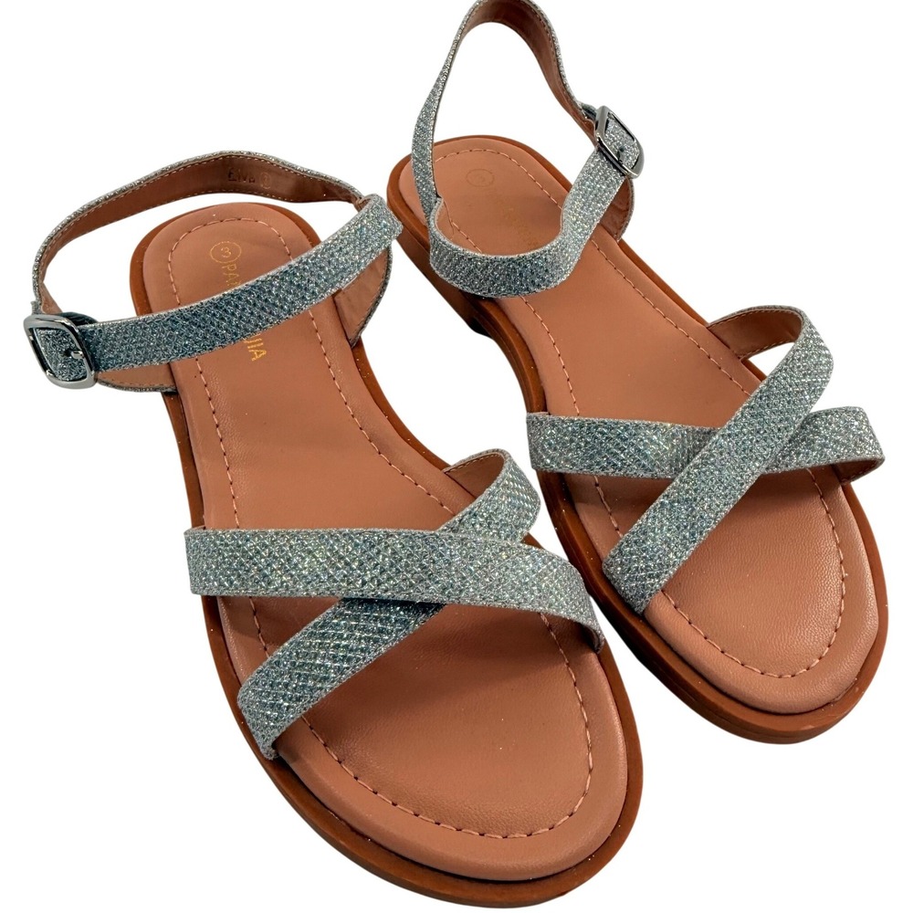 Girls Size 3 Elva Sandals Silver Glitter Strappy Buckle‎ Sparkle Shimmer Flat